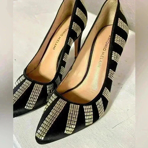ANTONIO MELANI, black/gold studs, pointed toe, 3 1/2" heel, SZ: 6.5M - Picture 6 of 11